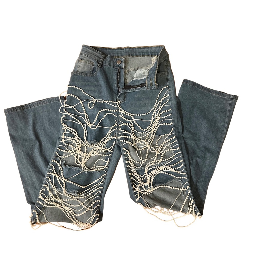 Elegant Pearl Embellished Straight Leg Jeans